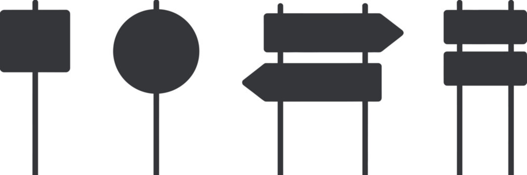 Blank road sign icon set, minimalist vector collection of empty traffic signs isolated on white for wayfinding signage mockup and design projects.