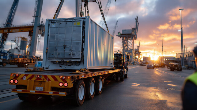 Unposed candid moment captures grid-scale battery container being transported on flatbed truck through industrial port area with shipping cranes and logistics equipment at golden h