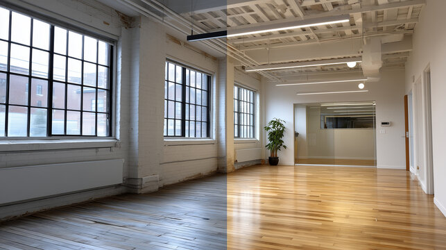 Before-after split screen shows retrofitted office building with new triple-pane windows, exterior insulation, and LED lighting versus original inefficient structure in minimalist