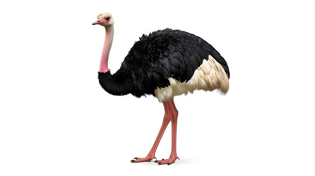 Large Adult Male Ostrich with Black and White Plumage and Pink Neck Isolated on White Background
