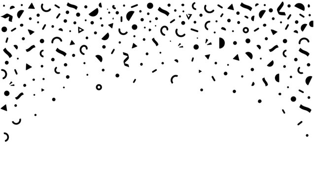 Black falling confetti background with geometric shapes minimal modern top border design with copy space