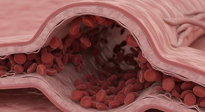 Detailed cross-section of a human venule showing numerous red blood cells flowing within its walls