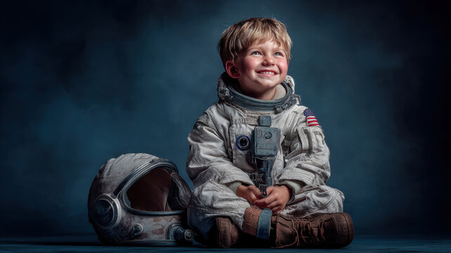 Space universe exploration, fantasy. A portrait of a young child, likely an astronaut, seated against a dark, smoky backdrop.