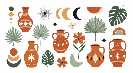 Hand Drawn Pottery Terracotta Vases Tropical Palm Leaves Moon Phases Stars and Botanical Flowers Collection for Bohemian Aesthetic Interior Design Branding Projects Elemental Folk design © Kanon Islam