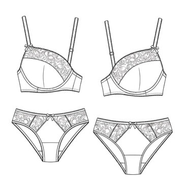 Lingerie fashion technical sketch vector, lace bra and panty set flat drawing, female underwear garment design template for apparel manufacturing