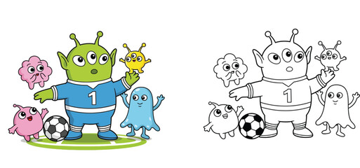 Obraz premium Cute Three-Eyed Alien Soccer Player and Little Monster Friends with Coloring Page Version, Kawaii Extraterrestrial Sports Character Vector for Kids Activity and Coloring Books