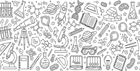 Science and education laboratory research equipment with chemistry physics biology and space exploration elements in hand drawn vector illustration doodle art © Kanon Islam