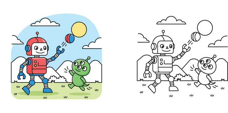 Cute Robot and Three-Eyed Alien Playing with Balls in a Landscape Cartoon Illustration with Coloring Page Version, Kawaii Character Vector for Kids Activity Books and Education