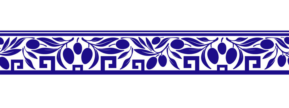 Greek meander endless pattern with olive branch motifs creates elegant ancient border. Mediterranean ornamental frame features geometric fret elements and botanical decoration. Vector graphic print