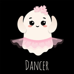 Kawaii vector illustration of a friendly ghost girl, a ballerina dancer, wearing a pink tutu. Whimsical dance character perfect for dance studios, ballet schools, children's room decor, greeting card © Verivera