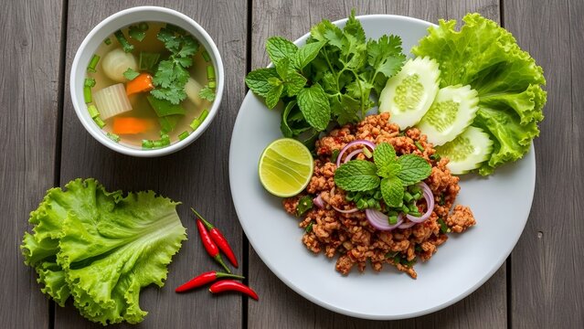 A delicious and colorful Thai larb salad with fresh vegetables and a side of soup, perfect for a healthy meal