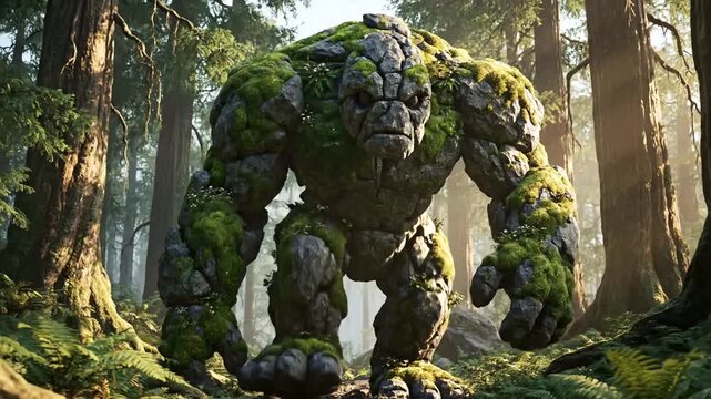 Ancient Stone Golem Awakens in Mystical Forest, Guardian of Natures Realm.