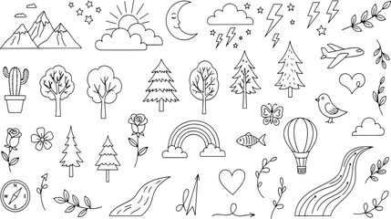 Fototapeta premium Unique nature and weather elements featuring mountains trees clouds sun moon flowers and animals in a minimal hand-drawn vector illustration doodle art