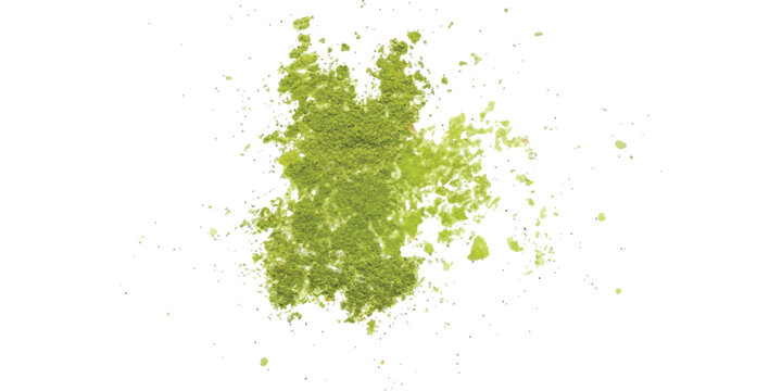 A vibrant heap of fine green matcha powder scattered artistically against a clean white background