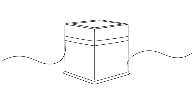 Minimalist line drawing of the Kaaba in Mecca, a cube-shaped building, symbolizing Islamic pilgrimage and faith