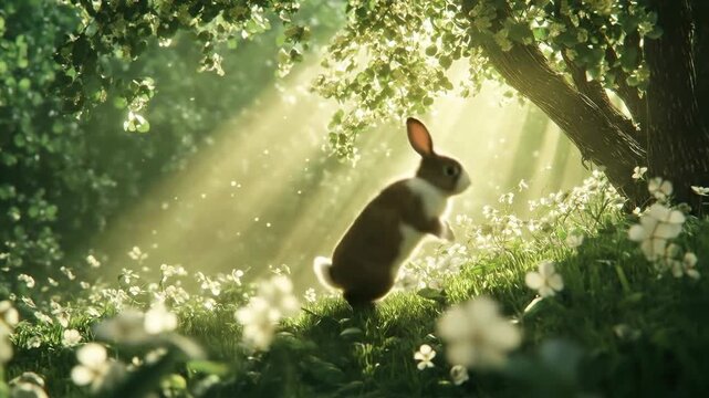 Sunlit forest scene with flowers, captured at a low angle. Ideal for nature video backdrops. Live desktop wallpaper.