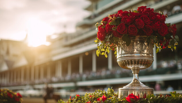 Silver Winners Trophy Adorned with Red Roses Kentucky Derby Style Horse Racing Victory Celebration