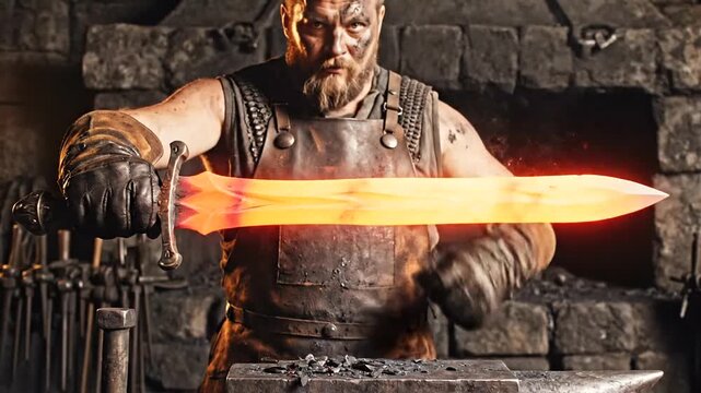 Blacksmith Forging Glowing Hot Sword on Anvil in Workshop.