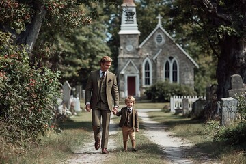 Obraz premium Father and Son Walking to Church on Sunday