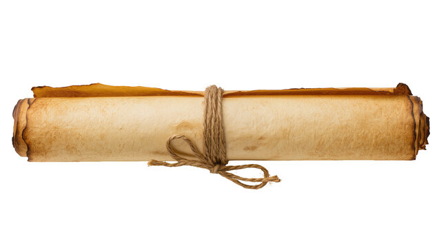 Isolated old parchment scroll tied with natural rope a vintage document or ancient treasure map