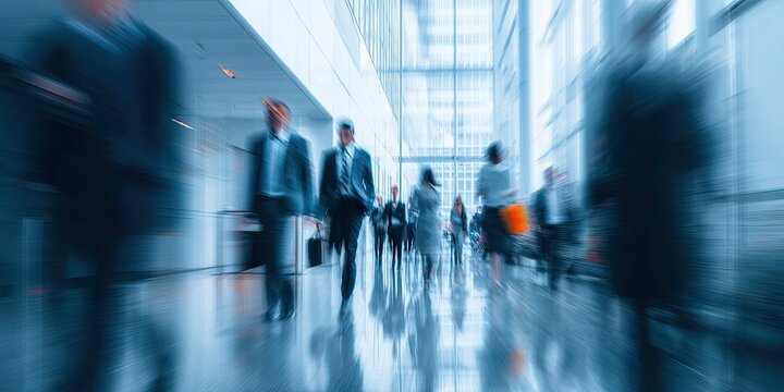 Business people walking along the corridor of the business center created a blurred movement, preventing modern office movement from being neutralized