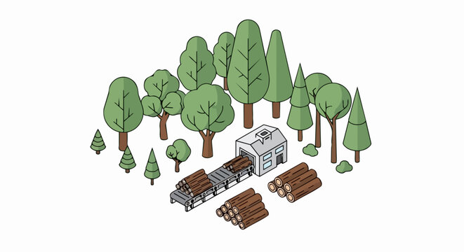 Isometric Wood Sawmill Factory in Green Forest with Lumber Logs on Conveyor Belt