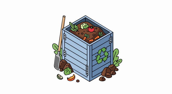 Isometric vector illustration of a wooden compost bin with organic food waste, garden fork, and recycling symbol isolated on white