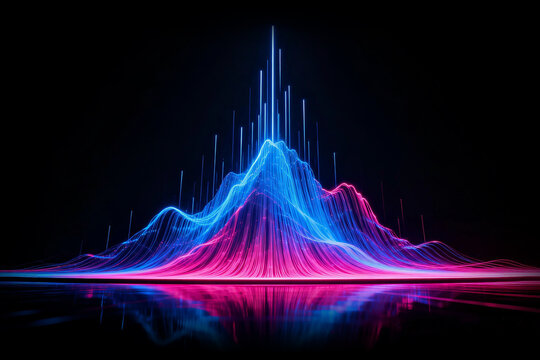 Abstract illustration of glowing neon waves representing the flow and analysis of large-scale data, evoking concepts of big data, artificial intelligence, and advanced data visualization in high-tech 