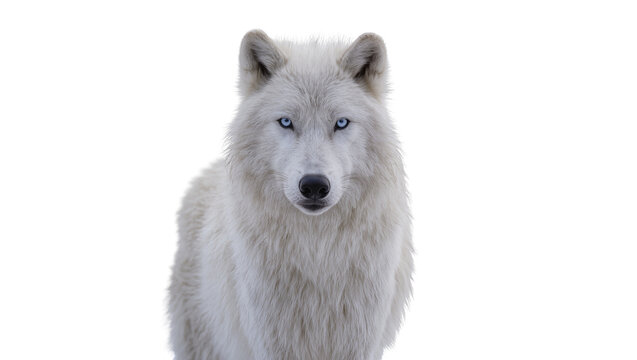 Isolated beautiful Arctic Wolf with striking blue eyes staring intently at camera portrait