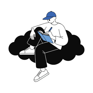 Inspired individual immersed in writing on a floating cloud, representing boundless imagination and digital productivity