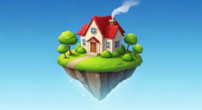Cartoon floating house island sky real estate home ownership concept