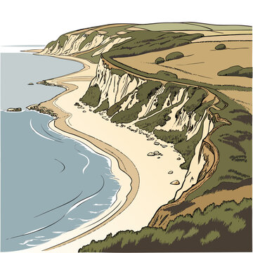 A picturesque illustration depicts a coastal landscape featuring rolling green hills dramatic white cliffs and a sandy beach meeting the blue sea