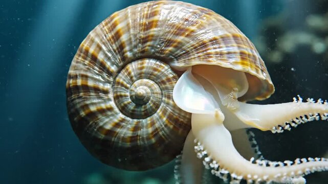 A detailed close up of a sea snail in an underwater environment