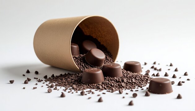 a container tipped over with chocolate pieces scattered around. Chocolate pieces and chocolate crumbs create a mess on the white surface.