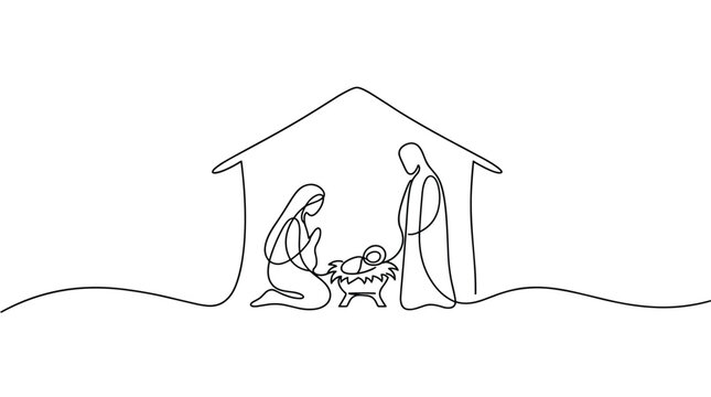 Nativity scene in minimalist continuous line art style showing Mary Joseph and baby Jesus in a stable a symbol of Christmas and faith