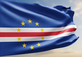 Fototapeta premium Waving flag of Cape Verde with blue white and red stripes and yellow stars against a cloudy sky