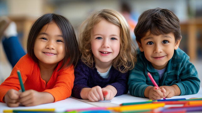 Happy multicultural kids lying on a floor doing colorful drawings with crayons during a creative indoor school activity, diverse childhood and teamwork concept, defocused background, with
