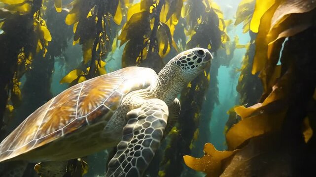 A sea turtle swimming in the ocean with kelp around it