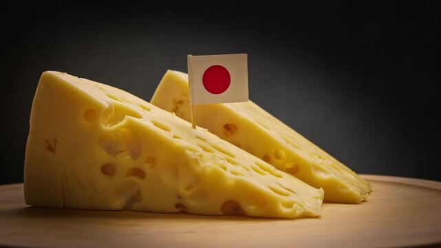 Classic triangular cheese on board from traditional Japanese farms and Japan flag.