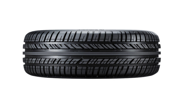 Isolated new car tire showing its clean black rubber and detailed, unused tread pattern.