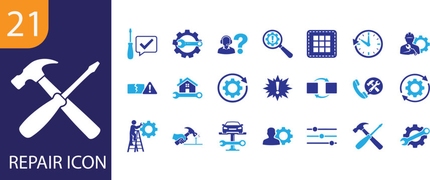 Repair icon set with tools, maintenance, fixing, and service symbols for technical and home use.