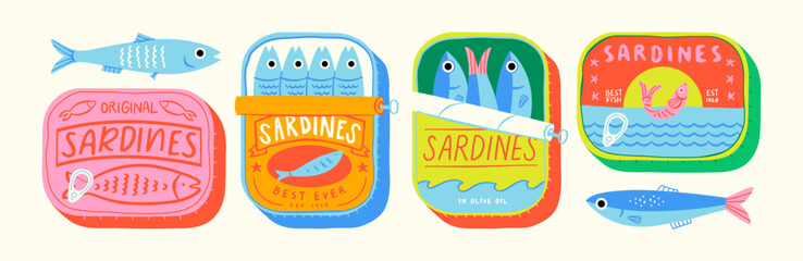 Funny hand drawn canned fish cartoon illustration set. Colorful tinned sardines sea food graphic element collection. Sardine can drawing bundle on isolated background.