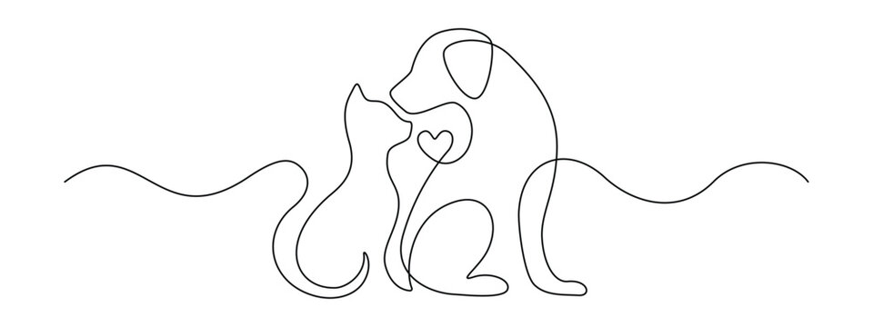 Continuous one line drawing of cat and dog together. Minimalist veterinary clinic logo with cute pets. Simple outline icons for animal hospital or vet care design. Contour Vector illustration