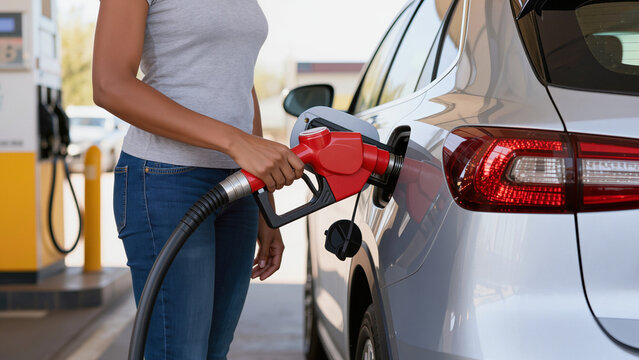 woman is refueling a car,
A driver is filling up the vehicle,
The scene shows a common transportation task,
A person is waiting for the tank to fill,
The fuel tank is being replenished,