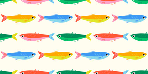 Stoffe zum Nähen Colorful fish animal seamless pattern. Summer background design. Vacation travel concept. Fishing activity flat cartoon backdrop illustration.