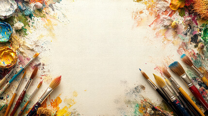 Obraz premium A vibrant artistic background featuring an array of paint splatters, brushes, and palettes, perfect for creative projects.