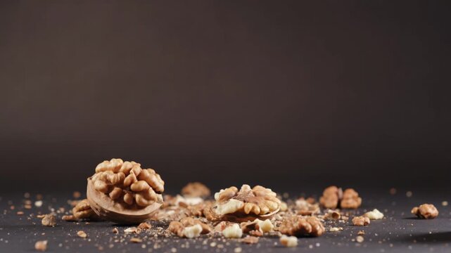 Crumbled walnuts scattered on a dark surface