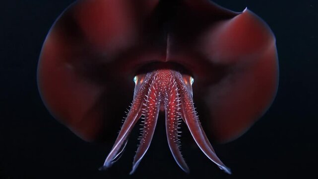 A detailed closeup of a deep sea squid underwater