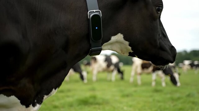Smart collar tracker on dairy cow in green pasture. Modern agritech and livestock monitoring. 
