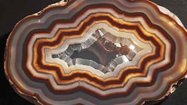 A detailed closeup of a sliced geode stone revealing its interior